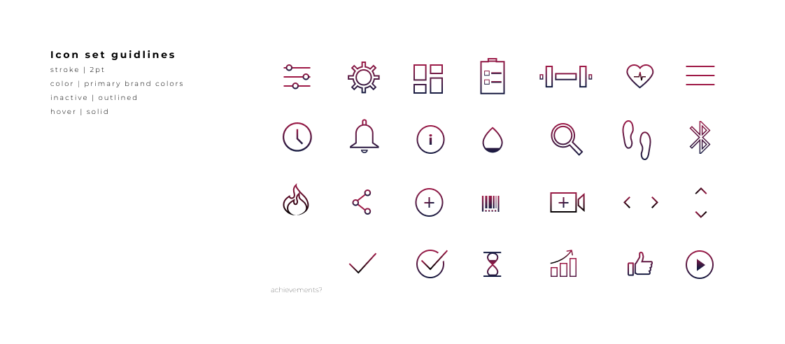 Icon set: 2pt stroke, outlined inactive, solid hover