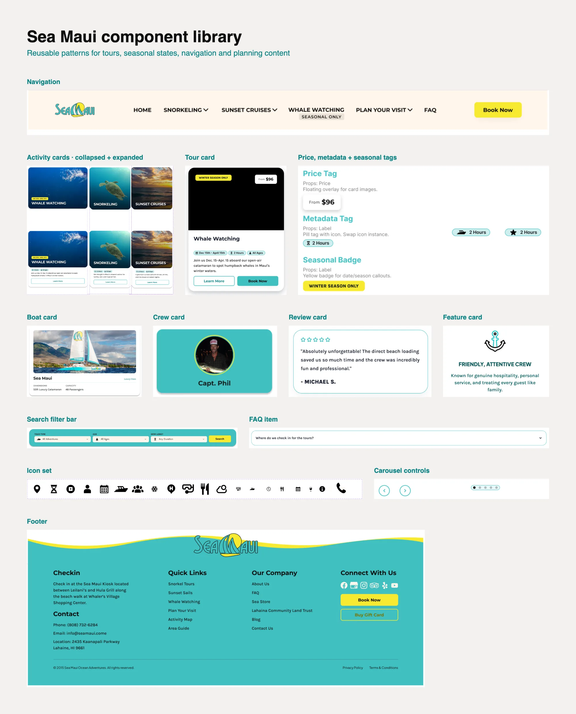 Sea Maui component library: navigation, activity and tour cards, tags, boat, crew, review and feature cards, search bar, FAQ, icons, carousel controls and footer