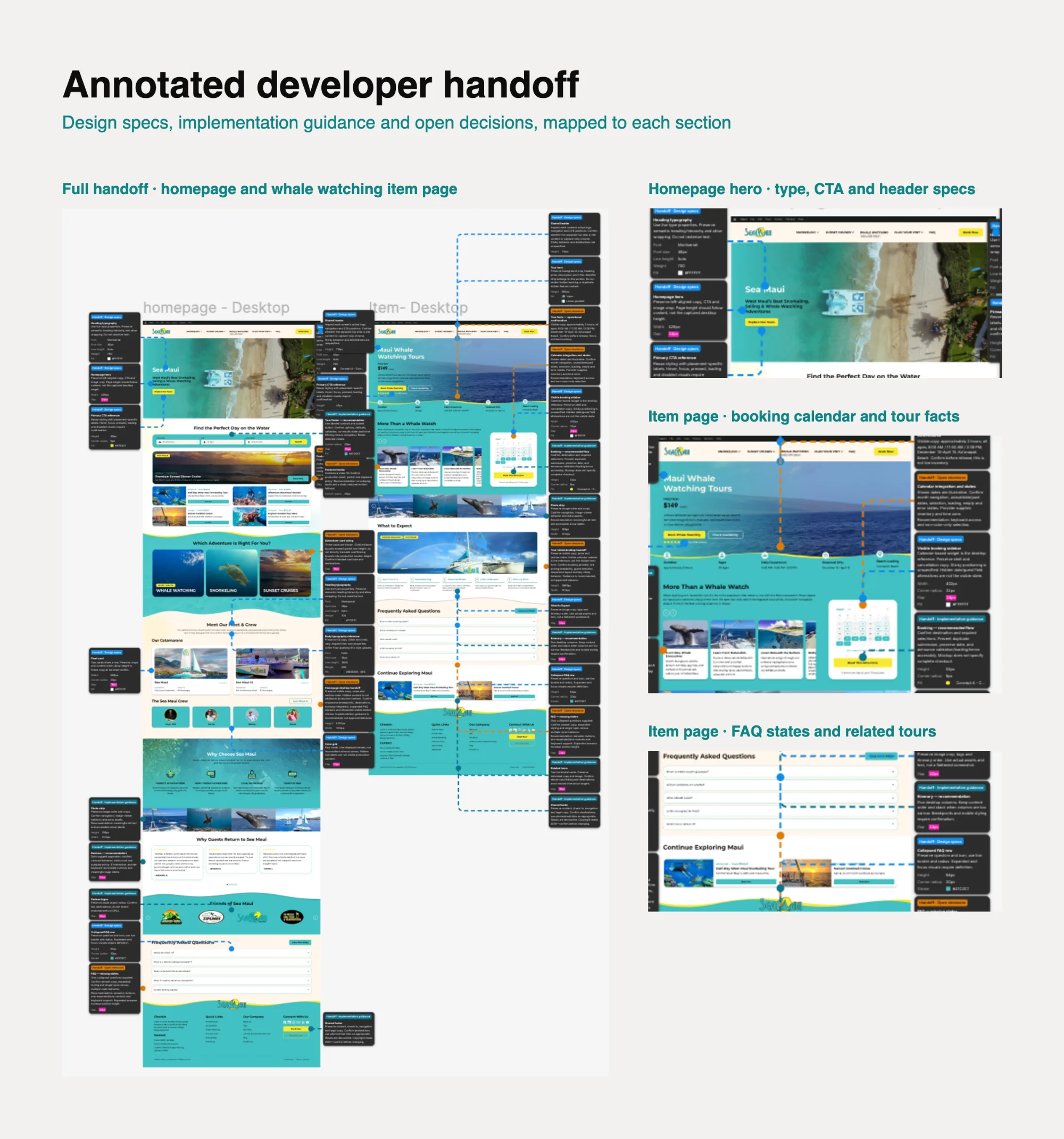 Annotated developer handoff for the Sea Maui homepage and whale watching item page, with design specs, implementation guidance and open decisions