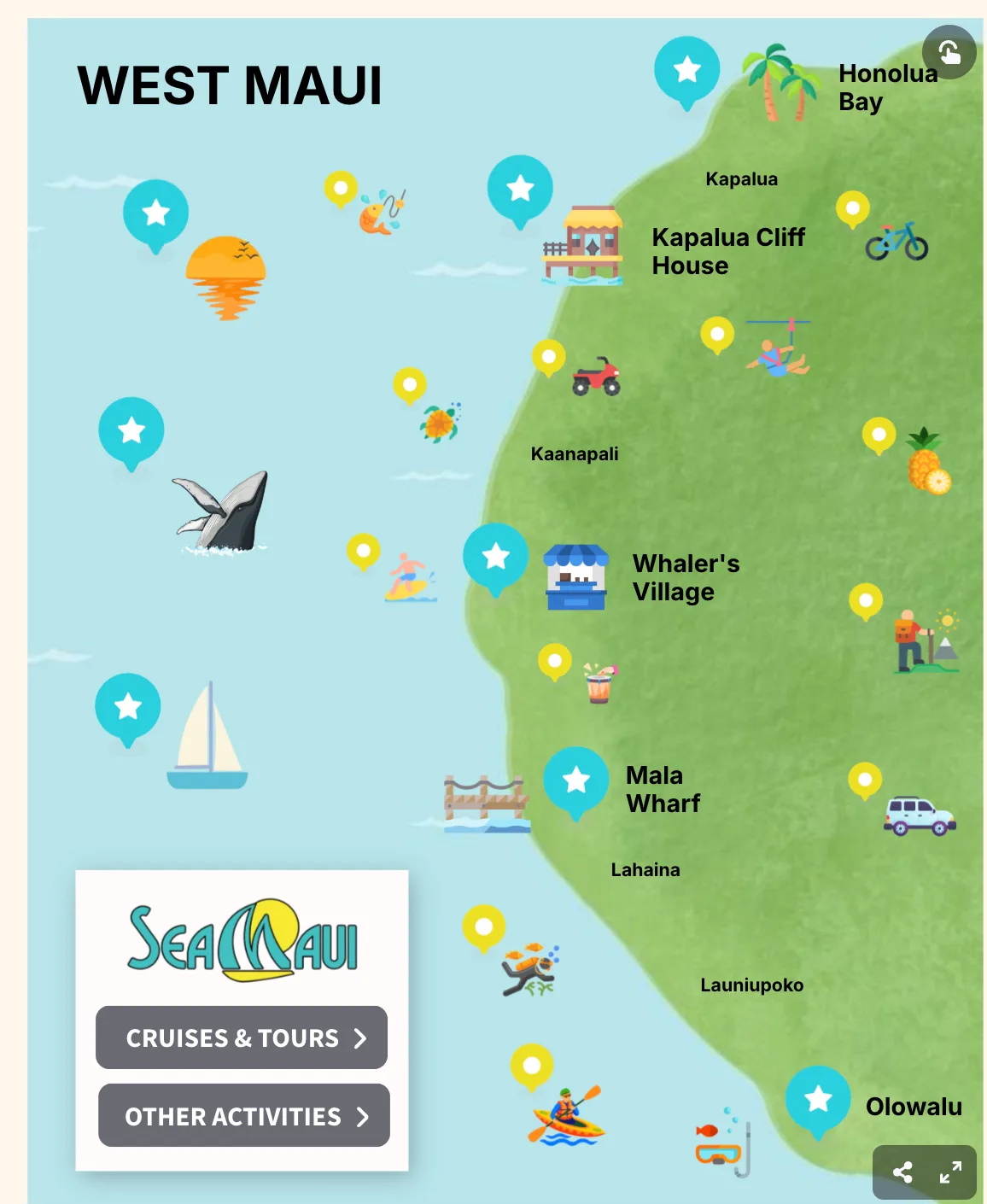 Interactive West Maui map with Sea Maui tour stops and nearby activities
