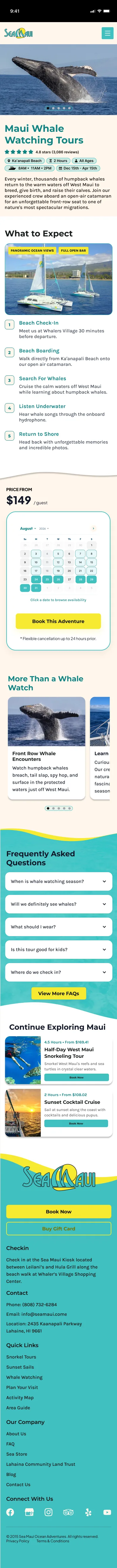 Sea Maui whale watching page, mobile