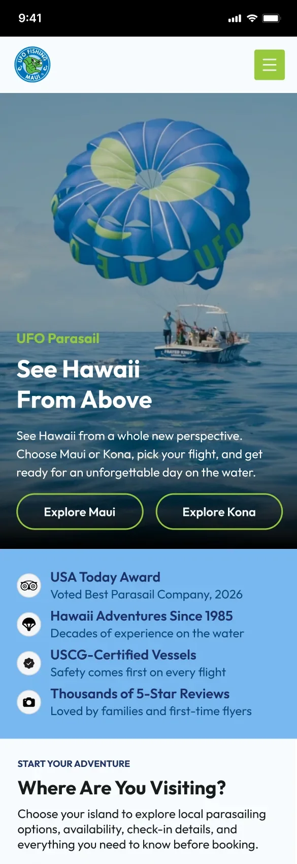 UFO Parasail mobile homepage