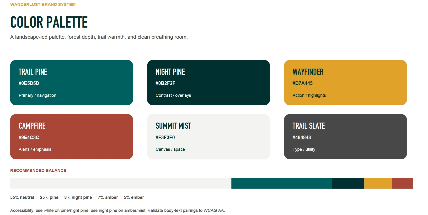 Wanderlust color palette with six colors and recommended balance