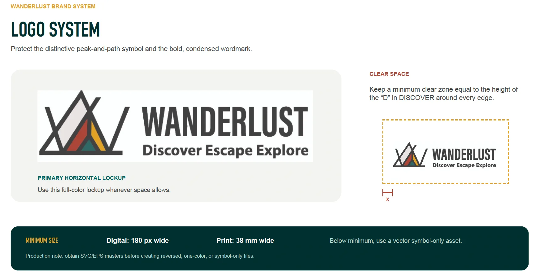 Wanderlust logo system: primary lockup, clear space and minimum size