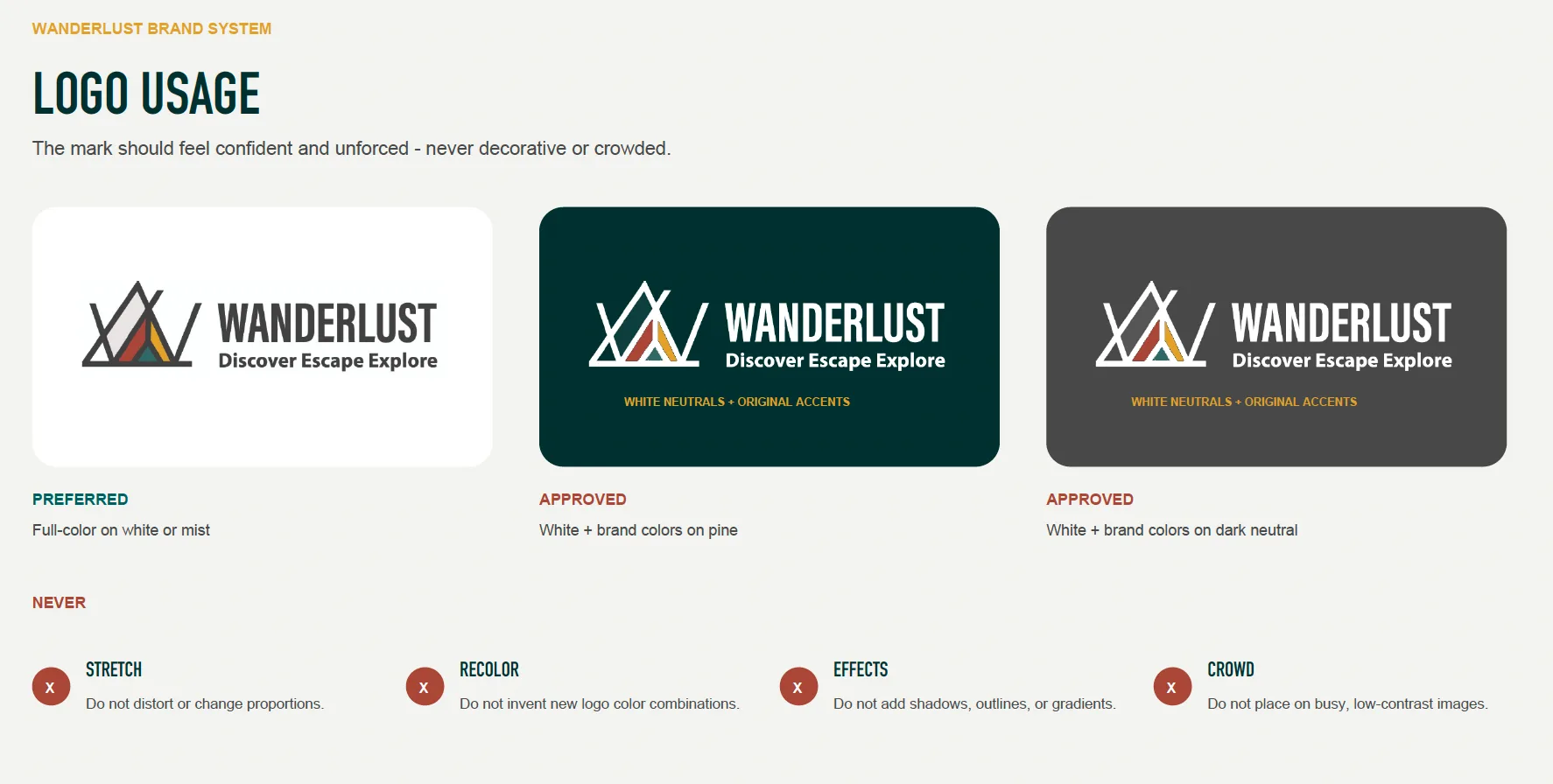 Wanderlust logo usage on light, pine and dark neutral backgrounds