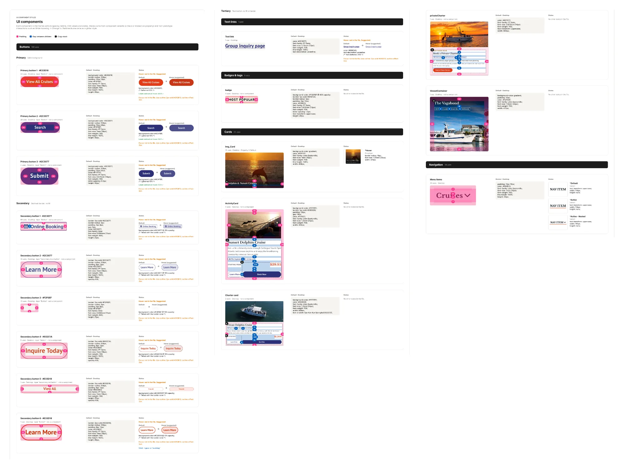 Vagabond UI components: buttons, text links, badges, cards and navigation with their specs and states